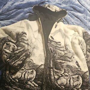 Vintage Women's Black & White Jacket W/hood. Reversible Solid Black Pockets Both